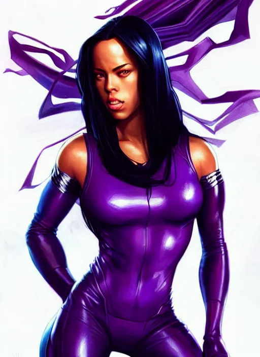 Image similar to full body portrait of marvel cinematic universe aaliyah haughton, x - men, psylocke, x - men apocalypse, elegant, super hero, purple outfit, highly detailed!! digital painting, artstation, glamor pose, concept art, sharp focus, illustration, art by artgerm and greg rutkowski, artey freytag