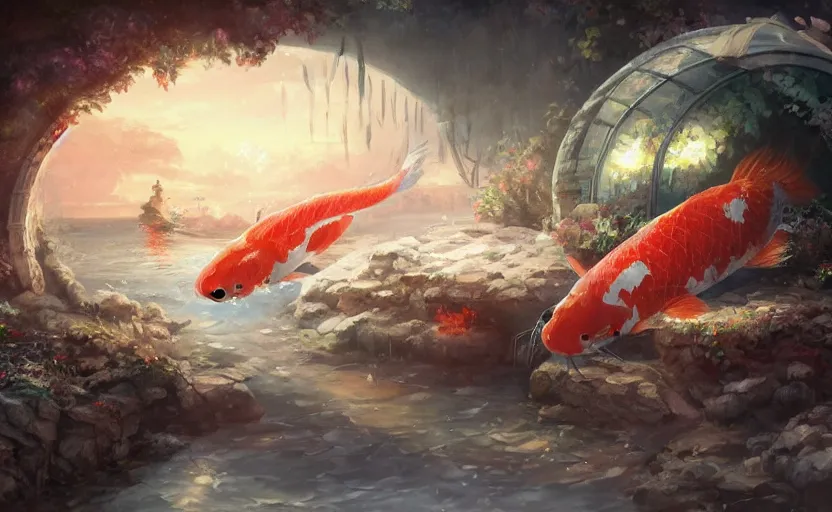 Prompt: a scene of a giant koi fish sleeping in the entrance of an igloo, digital painting, masterpiece, work of art, extreme detail, beautiful, cute, gorgeous, wonderfully brilliant, rule of thirds, excellent composition, by Greg Rutkowski, Thomas Kinkade, SEGA, CAPCOM, SNK, Studio Trigger, Studio Ghibli