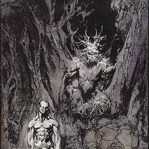 Image similar to A druid at the beginning of the world by Alan Lee, Mike Mignola and Frank Frazetta