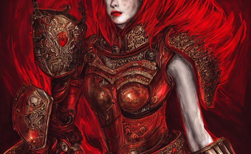 Image similar to redhead queen knight in red armor, inside grand hall in castle with rococo aesthetic, exposed beating heart in chest, crown, face with scars, dark souls 3, intimidating, ominous, evil, high fantasy, intricate detail, digital painting, artstation, concept art, smooth, sharp focus, illustration, art by yoshitaka amano and monia merlo and giger and wlop