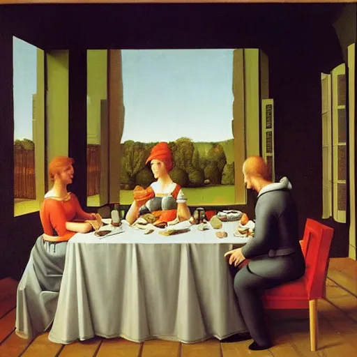 Image similar to a dinner fit for a king by Raphael, Hopper, and Rene Magritte. detailed, romantic, enchanting, trending on artstation.