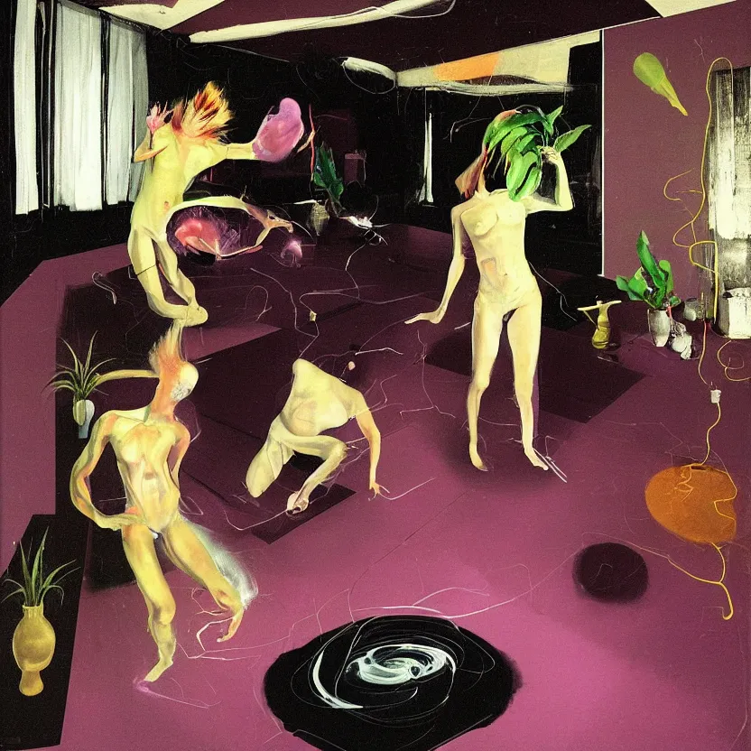 Image similar to Man and woman start to bounce in a living room of a house, floating dark energy surrounds the middle of the room. There is one living room plant to the side of the room, surrounded by a background of dark cyber mystic alchemical transmutation heavenless realm, cover artwork by francis bacon and Jenny seville, midnight hour, part by adrian ghenie, part by jeffrey smith, part by josan gonzales, part by norman rockwell, part by phil hale, part by kim dorland, fish eye view, artstation, highly detailed