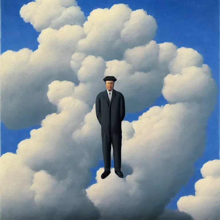 Image similar to portrait of a man made out of clouds, by rene magritte, detailed painting, hd, hq, high resolution, high detail, 4 k, 8 k