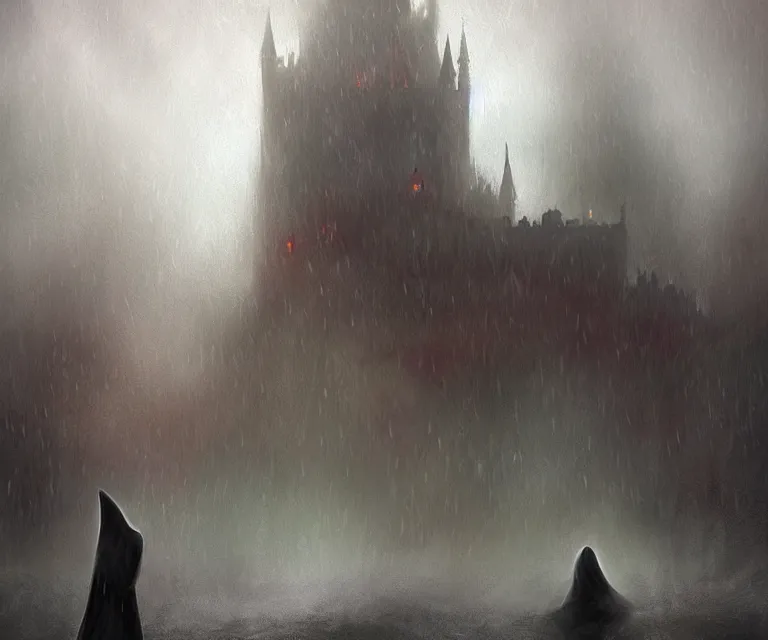 Prompt: a painting of a hooded figure entering a huge castle, raining and foggy, digital art by greg ruthowski, marc simonetti, anato finnstark and randy vargas, dynamic coloring, dark lighting, extremely detailedfeatured on artstation and art of the year on deviantart, brethtaking lighting