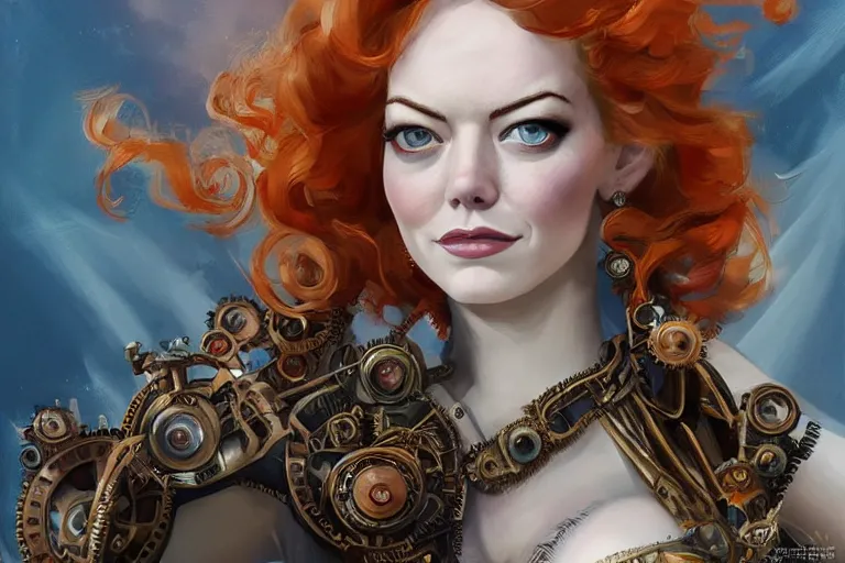 Prompt: three-quarters pose portrait of Emma Stone as a beautiful Lady Mechanika, very beautiful young woman, ginger wavy hair, Victorian-era push-up underwire. Intricate, steampunk imagery themed, D&D!, fantasy style, sharp focus!, ultra detailed, art by Artgerm and Peter Andrew Jones