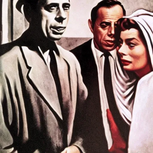 Image similar to Humphrey Bogart and Ingrid Bergman in Casablanca, painting by Vermeer