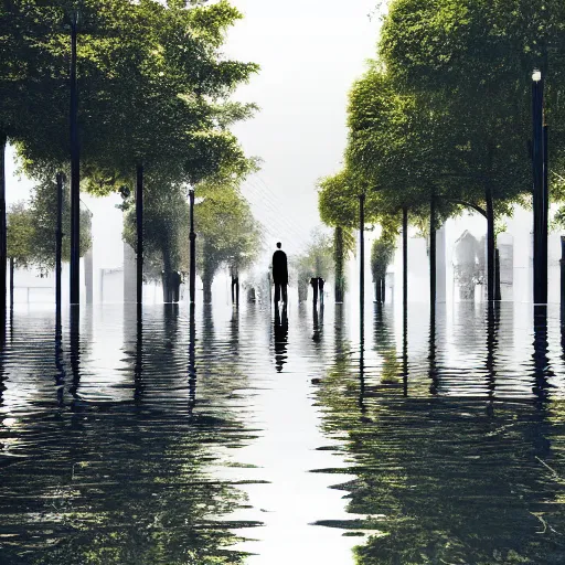 Image similar to flooded city with business people walking. simple, minimalist