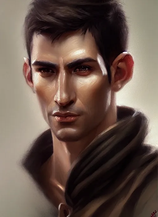 Image similar to a _ fantasy _ style _ portrait _ painting _ of light brown argentinian male short black hair defined very chiseled facial features long face big ears, rpg dnd oil _ painting _ unreal _ 5 _ daz. _ rpg _ portrait _ extremely _ detailed _ artgerm _ greg _ rutkowski _ greg