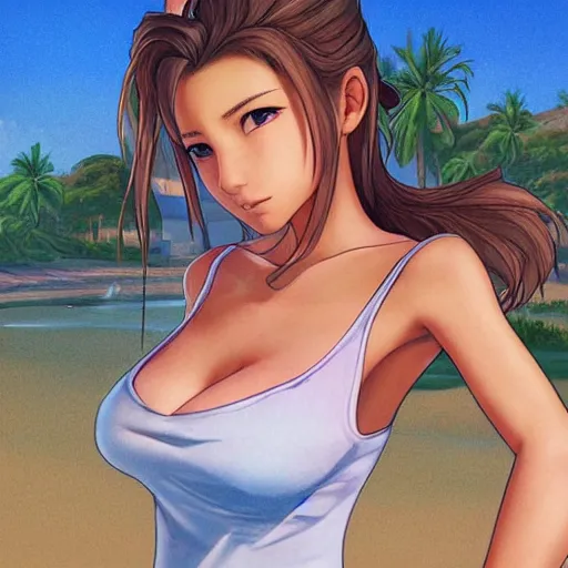 Image similar to beautiful aerith from final fantasy in daisy dukes on the beach making eye contact drawn by artgerm