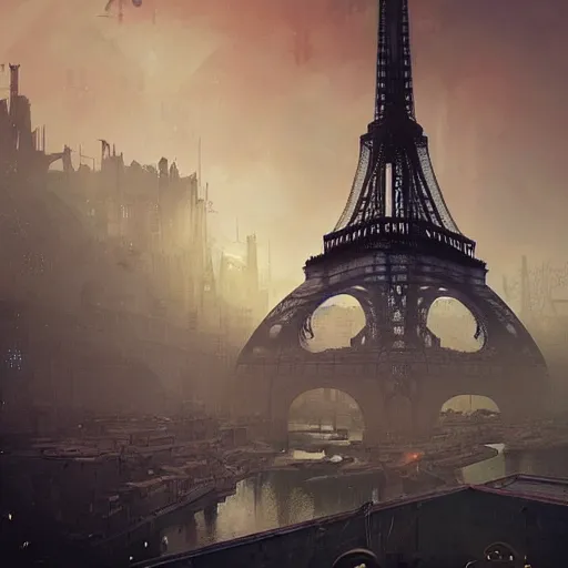 Image similar to a steampunk eiffel tower in heaven, steampunk dirty world, by wlop, greg rutkowski and beeple