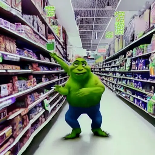 Prompt: shreck robbing a grociery store, security camera footage