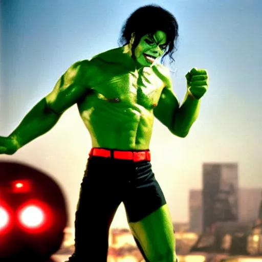 Image similar to michael jackson as the incredible hulk, movie still, 8 k
