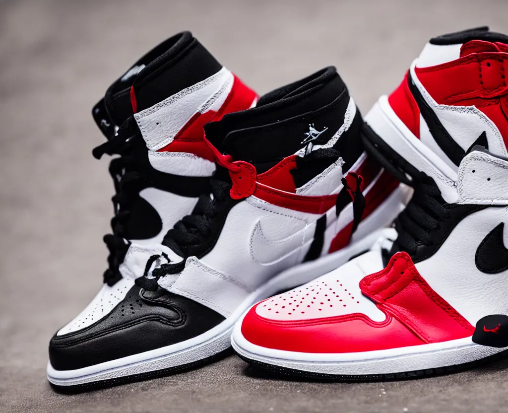 Image similar to a proffesional press photograph of nike jordan 1 black red and white