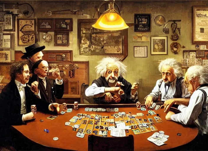 Prompt: albert einstein and isaac newton and stephen hawkins playing poker in an old west saloon, intricate, highly detailed, centered, digital painting, artstation, concept art, smooth, sharp focus, illustration, art by james gurney and norman rockwell and greg rutkowski