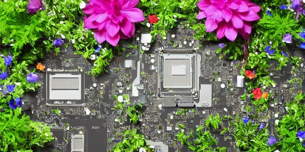 Image similar to computer motherboard overgrown with tiny! beautiful! lush!!! flowers, flower petals, leaves