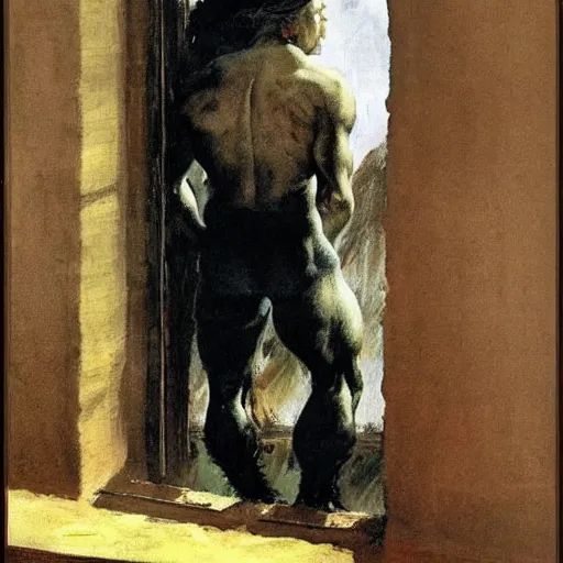 Prompt: a man looking out a window, frank frazetta