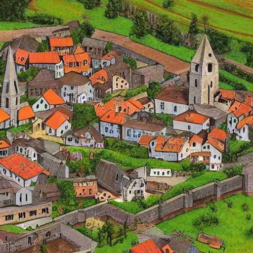 Prompt: aerial view of a small medieval town, rural, blacksmith, town square, church, cartographism!!!!