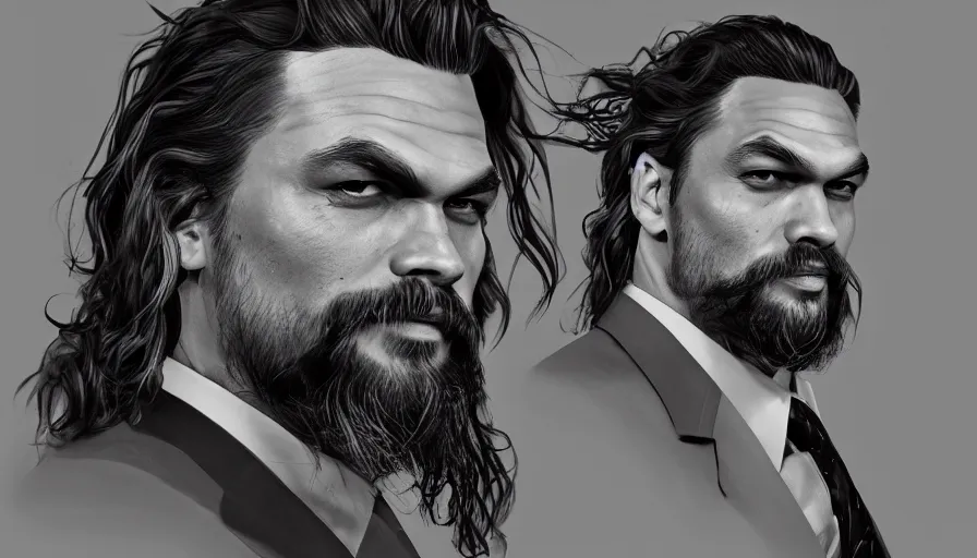 Prompt: Jason Momoa is a 30's gangster in suit and tie, hyperdetailed, artstation, cgsociety, 8k