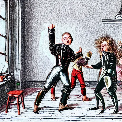 Image similar to group of cyborgs dancing in a 1 8 th century room, one cyborg eating snacks close to camera, city outside large windows, daytime, happy, cables everywhere, wooden parquet, old furniture, cute, childrens book illustration