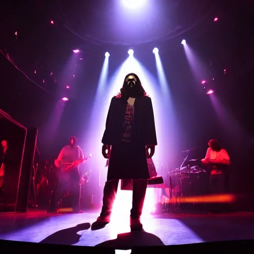 Image similar to Jesus Christ in a rock band, singing on stage, dynamic lighting, dynamic pose