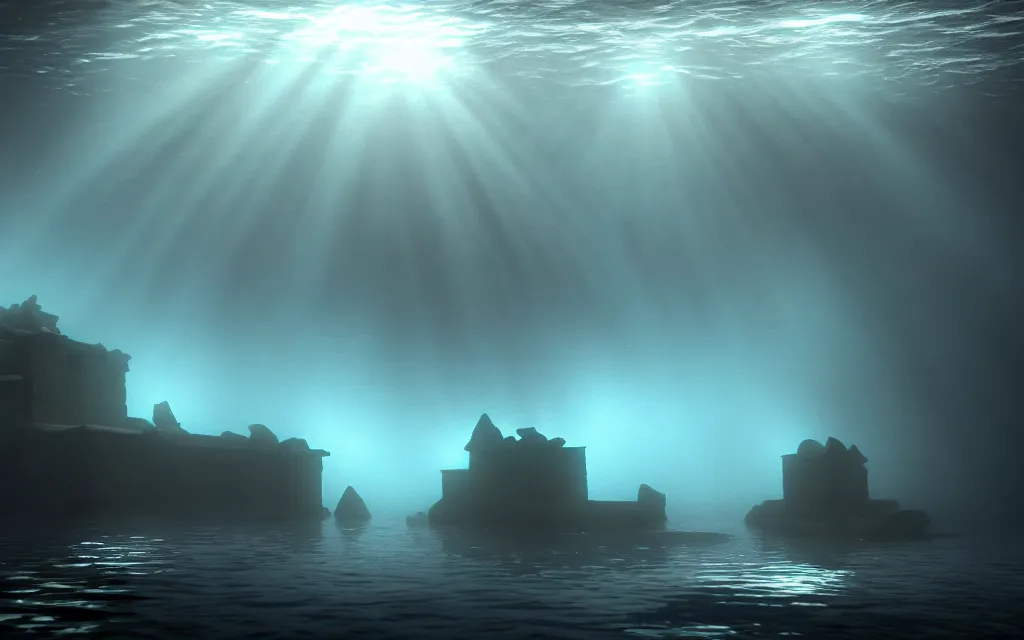 Image similar to wide shot, submerged pre - incan temple, dark, grenada underwater sculpture park, bubbles, abyss, stylized, anime style mixed with fujifilm, detailed gouache paintings, crepuscular rays, dark, murky, foggy, atmospheric, artstation, cgsociety, octane render, cgi, unreal engine 5, denoise, cinematic masterpiece
