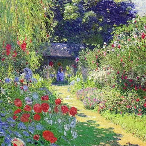 Image similar to Beautiful English cottage with excellent garden painting by Monet