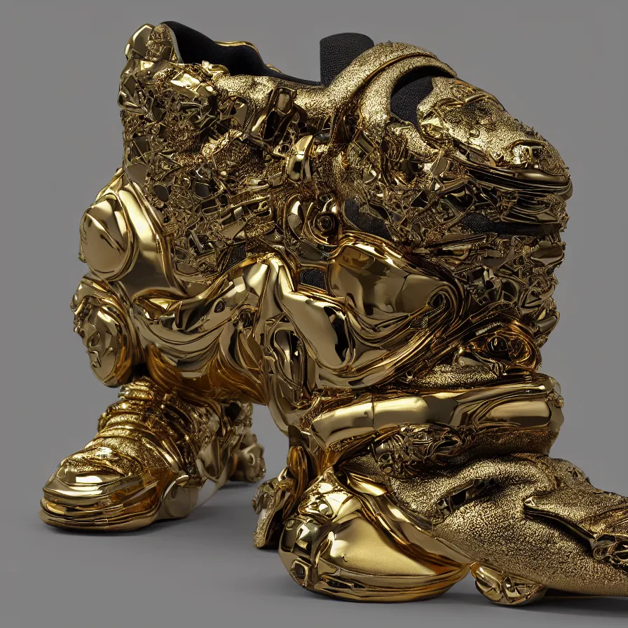 Image similar to futuristic balenciaga sneakers, nft art, highly detailed, hyper realistic, a ton of bussdown iced gold bling in wallace & gromit strata - cut claymation, ultra realistic, concept art, intricate details, serious, highly detailed, photorealistic, octane render, 8 k, unreal engine