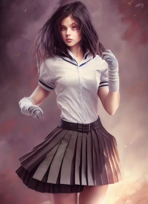 Image similar to a beautiful woman with school uniform, seifuku, pleated miniskirt, overknee socks, adriana lima, painted by artgerm and tom bagshaw, fantasy art, dramatic lighting, highly detailed oil painting, volumetric lighting