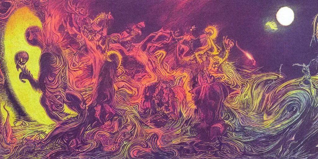 Image similar to dawn of creation ; first atom ; beings of light and darkness ; ethereal plane. bright neon colors. illustrated by maurice sendak and stephen gammell and junji ito and dr seuss