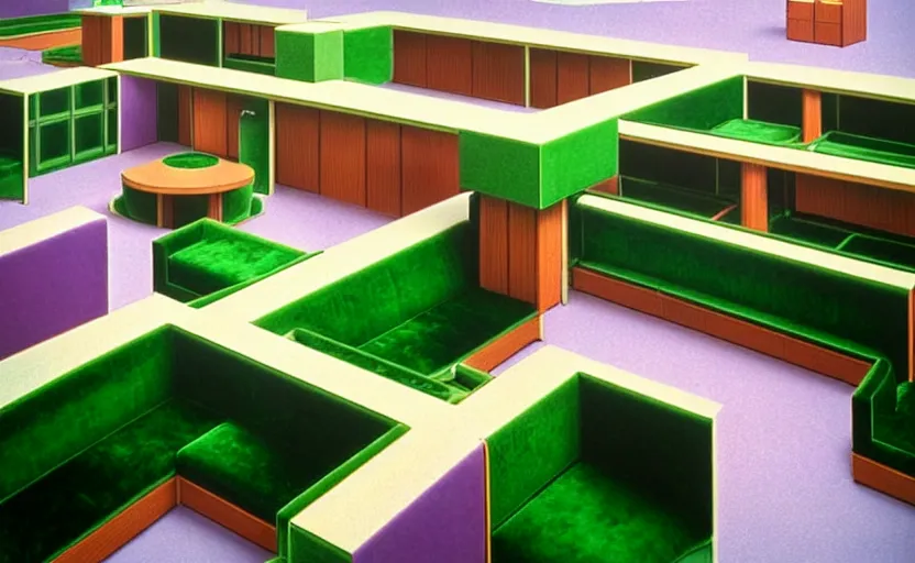 Image similar to huge sprawling gargantuan angular dimension of infinite indoor landscape 7 0 s green velvet and wood with metal office furniture. surrealism, mallsoft, vaporwave. muted colours, 7 0 s office furniture catalogue, shot from above, endless, neverending epic scale by escher and ricardo bofill