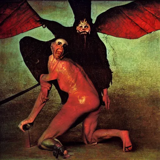 Image similar to 1 9 8 1 distressed kodachrome photo of mephistopheles in the style of jan saudek, heironymus bosch, joel peter witkin, pieter bruegel the elder, gustave dore, annie liebovitz