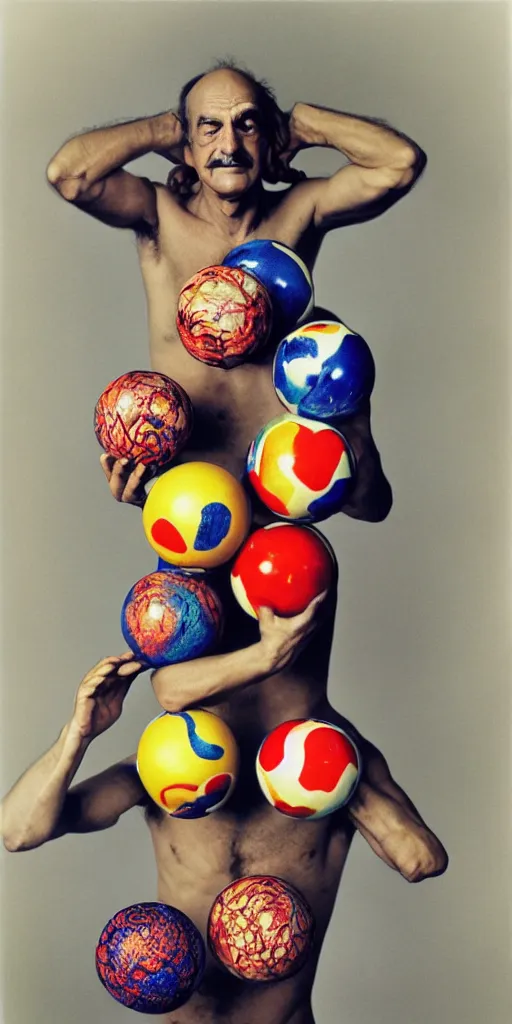 Image similar to award winning photo of albert hoffman playing with BALLS, vivid colors, happy, symmetrical face, beautiful eyes, studio lighting, wide shot art by Sally Mann & Arnold Newman