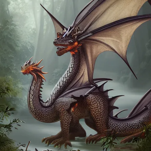 Image similar to a peaceful dragon idly standing in a forest, peacefully drinking river water, intricately defined, complexly detailed, robustly ordinated, artist concept art, artist interpretation, trending on artstation, digital art, 4 k quality