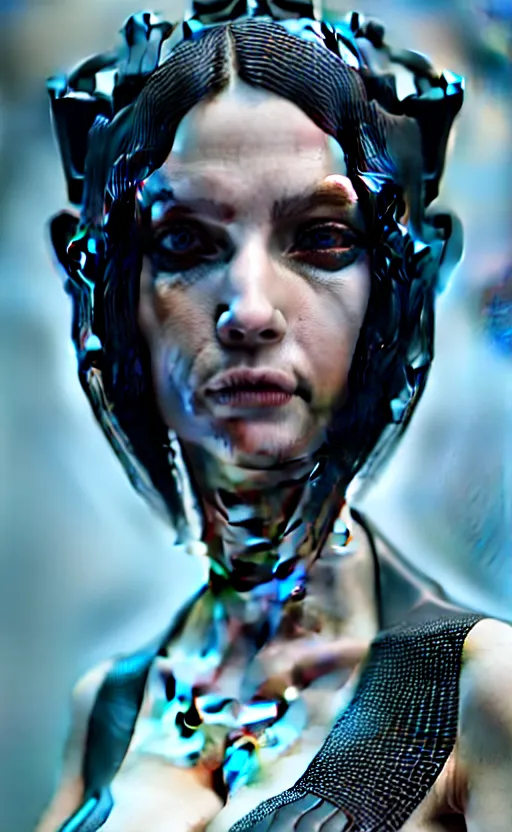 Image similar to intricate hyper detailed ultra sharp 3 d render of a beautiful smooth porcelain fascinating cyberpunk woman portrait, medium shot portrait, beautiful natural bright light, alexandre ferra mecha, haute couture, cyberpunk black shining armor, art nouveau, octane render, volumetric cinematic lighting, 8 k, vray tracing