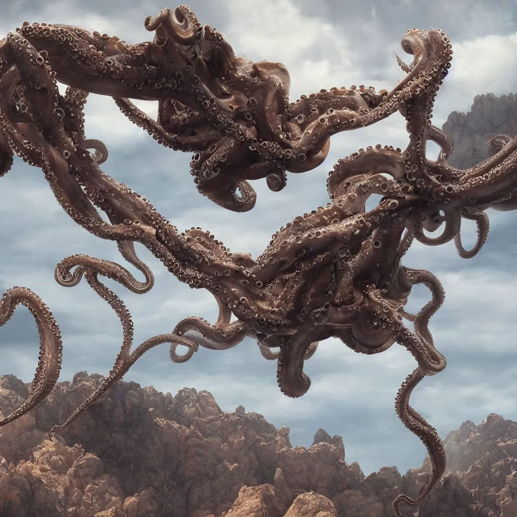 Image similar to organic octopus helicopter flying over a mountainous alien landscape, dramatic sci-fi movie still