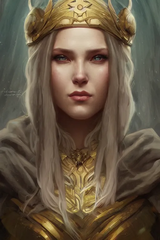 Prompt: a portrait of Norse queen, highly detailed, digital painting, artstation, concept art, sharp focus, illustration, art by artgerm and greg rutkowski and alphonse mucha