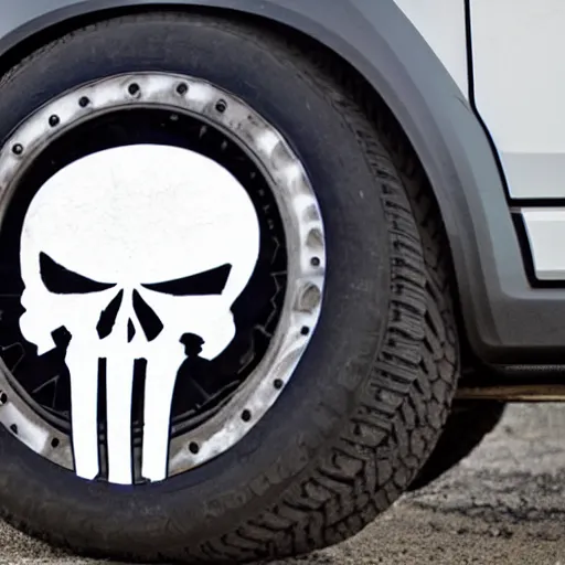 Prompt: the punisher skull logo painted on an black ford raptor