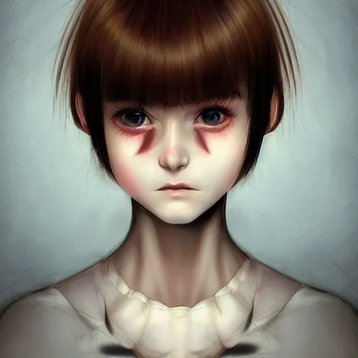 Prompt: beautiful pure evil teenager lain, cute haircut, with hundreds of network cables, neatly coming out of her head, a part of her face panel is showing, she is in pure bliss, chaos, bizarre, strange, portrait, painting, soft and intricate, fine lines, face is breaking like a porcelain doll, by artgerm,