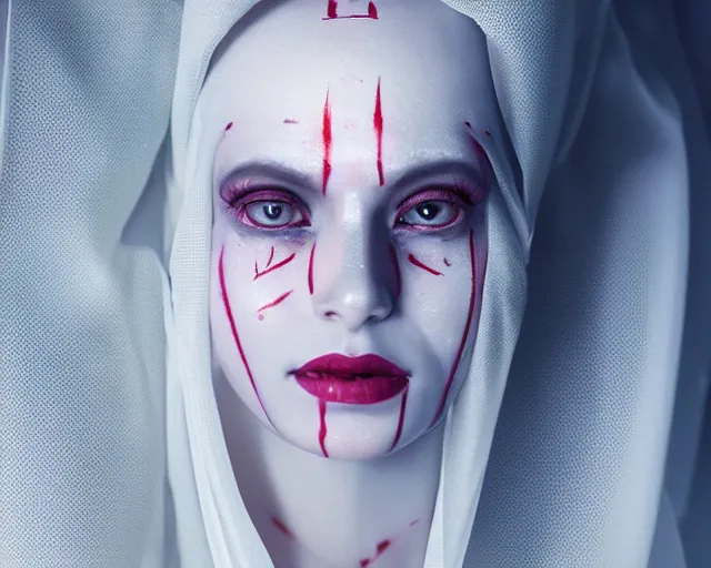 Image similar to a film still of a synthetic female human wrapped in white cloth, beautiful, tribal facepaint, in neotokyo, cinematic lighting, high resolution, 4 k