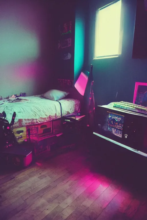 Image similar to agfa vista 4 0 0 photograph of a cluttered 9 0 s teenagers goth punk rock bedroom, synth vibe, vaporwave colors, lens flare, moody lighting, moody vibe, telephoto, 9 0 s vibe, blurry background, grain, tranquil, calm, faded!,