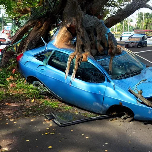 Image similar to The car from outrun gane crashed into a tree