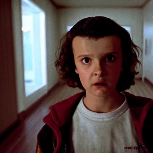 Image similar to A still of Eleven from Stranger Things giving the Kurbick stare in The Shining (1980)