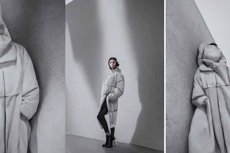 Image similar to well lit fashion shoot portrait of extremely beautiful female marble statue wearing huge over size puffer jacket by dingyun zhang, yeezy, balenciaga, vetements, a cold wall, sharp focus, clear, detailed,, cinematic, detailed, off white, glamourous, symmetrical, vogue, editorial, fashion, magazine shoot, glossy