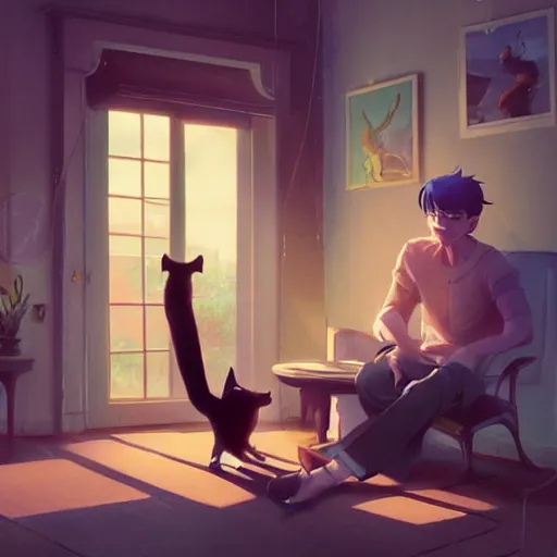 Prompt: a man and cat in a room while the man sits on a chair. digital art. artstation. realistic. vibrant. illustration. in the style of pixar movie. octane render. art by makoto shinkai, stanley artgerm lau, wlop, rossdraws. volumetric lighting.