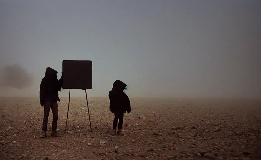 Image similar to cinestill 5 0 d photographic portrait by helen levitt of a white and mixed female android adult couple wearing rugged black techwear on a desolate plain of america, extreme closeup, modern cyberpunk, dust storm, 8 k, hd, high resolution, 3 5 mm, f / 3 2, ultra realistic faces, intricate detail, ex machina