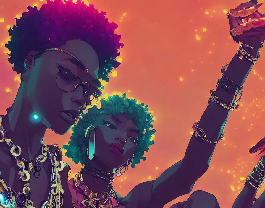 Image similar to afro - futuristic hip hop rappers, urban swagger, fashion and bling, hacking the multiverse of music and entertainment | hyperrealistic digital art | by makoto shinkai, ilya kuvshinov, lois van baarle, ross draws | afro - futurism, in the style of hair love, 4 k, trending on artstation | dark color scheme