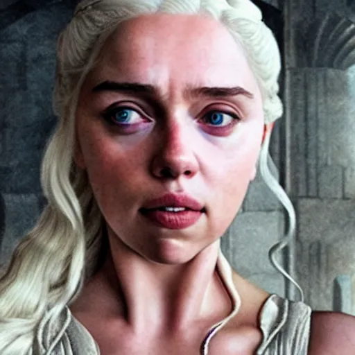 Prompt: a selfie of daenerys targaryen played by scarlett johansson, medium shot, detailed eyes,