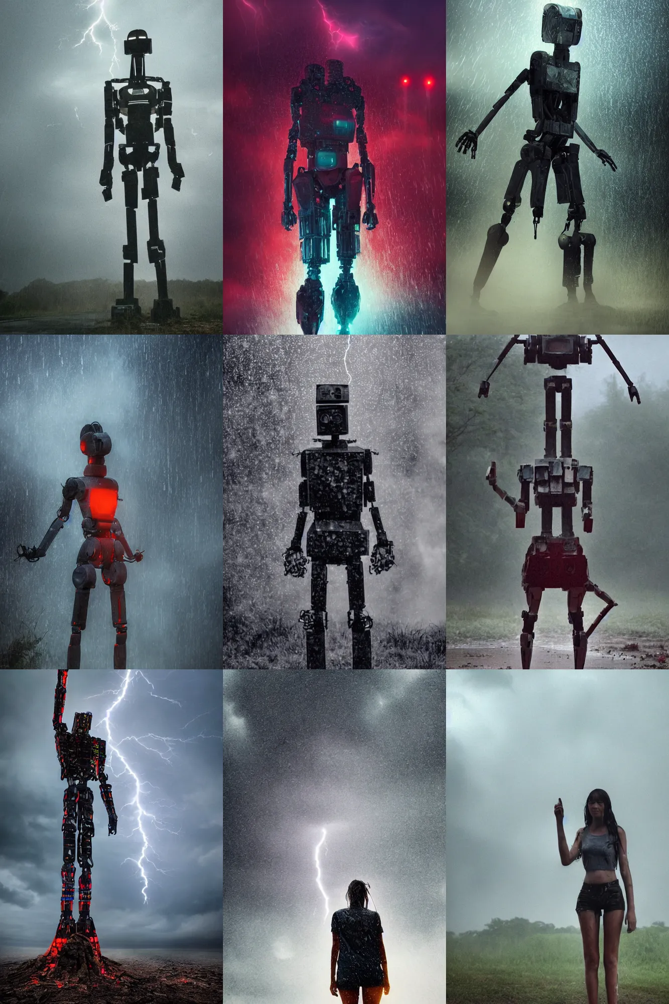 Prompt: detailed photograph of massively tall robot standing in the distance as a teenage girl!!!!!! screams near the camera wearing wet!! and ripped!!! shirt and shorts, short dof, atmospheric, apocalyptic rain and smoke and lightning, bold colors, dramatic movie still