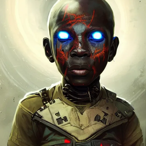 Image similar to a dark and ominous cyborg african child soldier with glowing eyes and facial scarification marks, Apex Legends character digital illustration portrait design, by android jones and greg rutkowski in a cyberpunk voodoo style, synthwave color scheme, detailed, cinematic lighting, wide angle action dynamic portrait