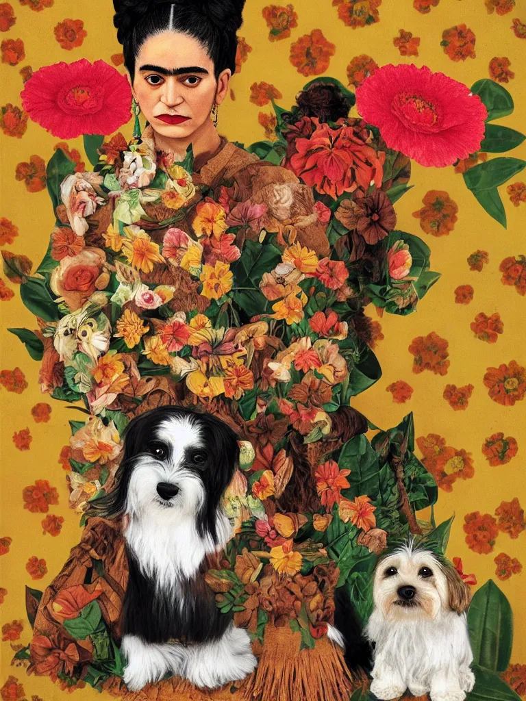 Image similar to portrait of a cream colored havanese dog as frida kahlo, surreal background, by frida kahlo